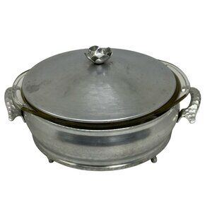 VTG Hammered Aluminum Casserole Server w/‎ Pyrex Liner & Lid | MCM Food Warmer